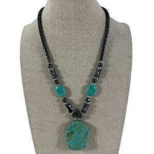 Faux Turquoise Pendant Necklace Black Beaded Silver Tone Southwestern 17.5" Long